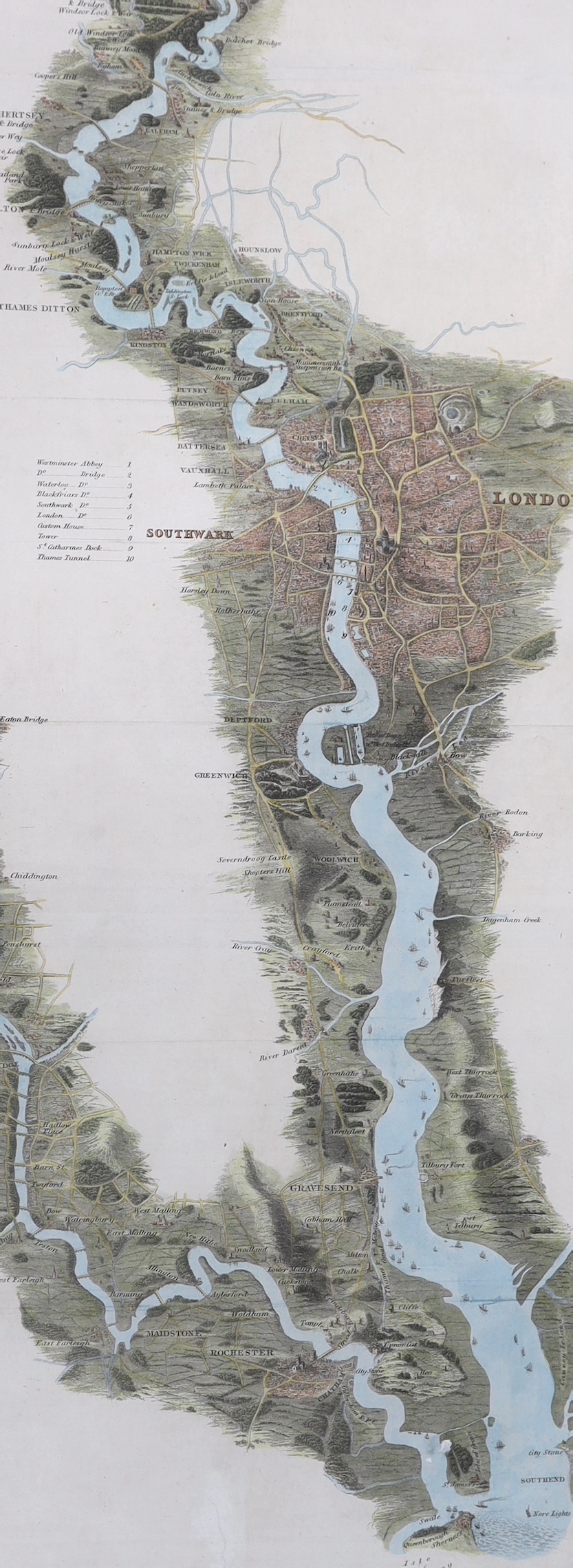 Tombleson's Thames, hand coloured engraved panoramic map of the Thames and Medway, 127 x 24cm